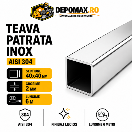 Teava patrata inox lucioasa AISI 304, 40 x 40 x 2 mm, 6 metri